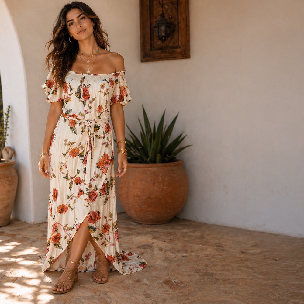 Quiksilver Off Shoulder Floral Maxi Dress Small Boho Wrap High Low NWOT - Picture 2 of 5